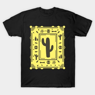 Papel Picado - black- skull - cactus- bone -yellow - Dia De Los Muertos T-Shirt